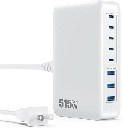 USB C Charger Block 515W[2025 Upgraded] GaN IV 8 Port Fast Charging Station Hub,Dual PD 100W USB C Laptop Charger Compatible with MacBook Pro/Air,iPad,iPhone 16/15,Galaxy S23/S24 Steam Deck Dell XPS