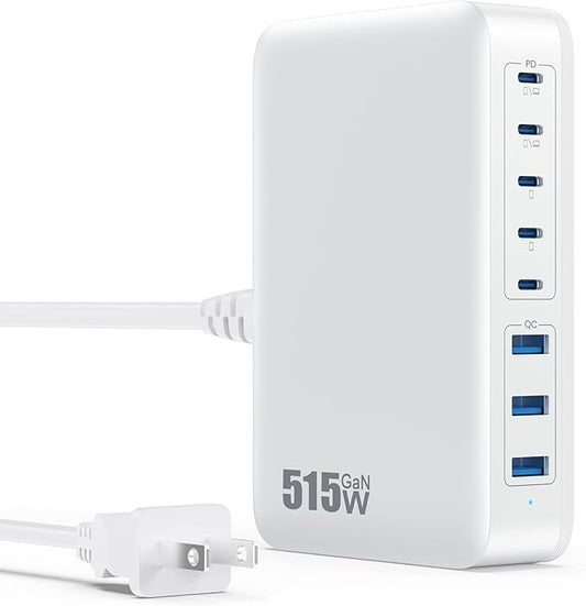 USB C Charger Block 515W[2025 Upgraded] GaN IV 8 Port Fast Charging Station Hub,Dual PD 100W USB C Laptop Charger Compatible with MacBook Pro/Air,iPad,iPhone 16/15,Galaxy S23/S24 Steam Deck Dell XPS