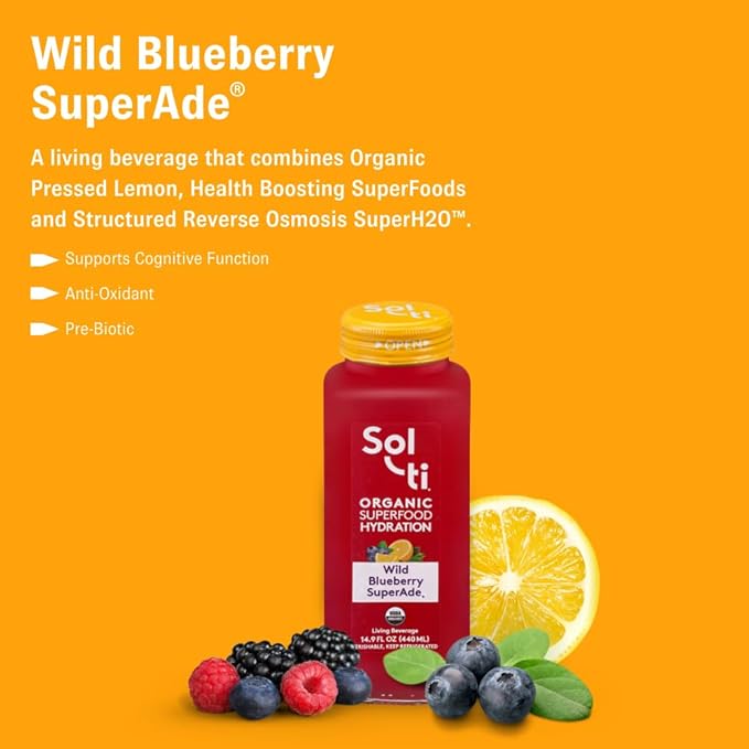 Organic SuperAde Hydration Drink with Powerful Anti-Oxidants, SuperFood Lemonade by Sol-ti, Cold-Pressed Wild Blueberry and Lemon Juice Blend, 16 Pack (14.9 Fl oz)