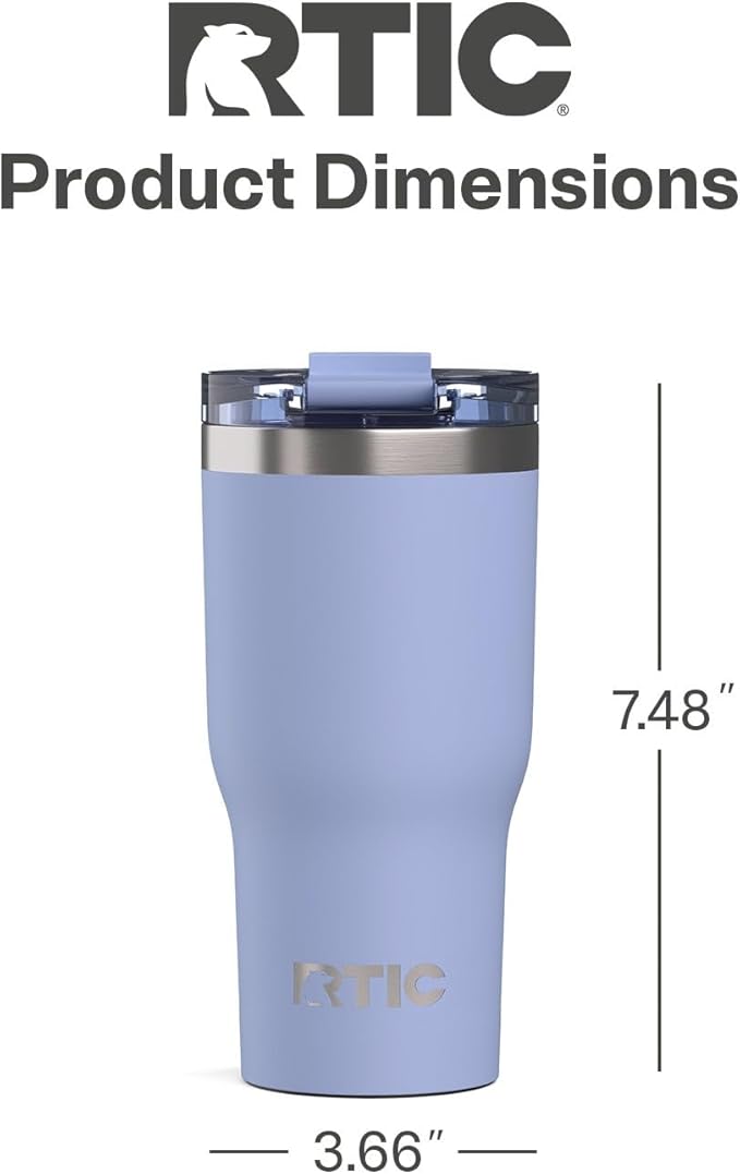 RTIC 20oz Essential Tumbler with Lid, Ceramic Lined, Insulated, Stainless Steel, Metal, Double Wall Vacuum-Insulation, Travel Cup for Iced Coffee, Tea, Hot and Cold Drink, Periwinkle