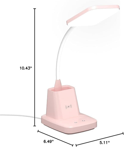 Sailstar Pink Desk Lamp, Small Desk Lamp with Pen Holder, Wireless Charger LED Desk Lamps for Home Office, Kids Desk Lamps 800LM Flexible Arm 3 Modes Dimmable Touch, Study Lamps for College Dorm Room