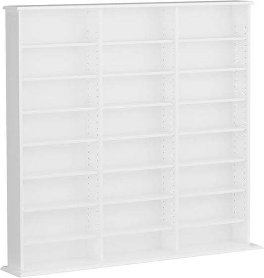 Prepac 3 Column 51" Tall White Display Multimedia Cabinet, Wood Media Storage with Removable Sheves, Modern Multimedia Storage Unit with 21 Adjustable Shelves for Books, DVDs and Collectibles, White