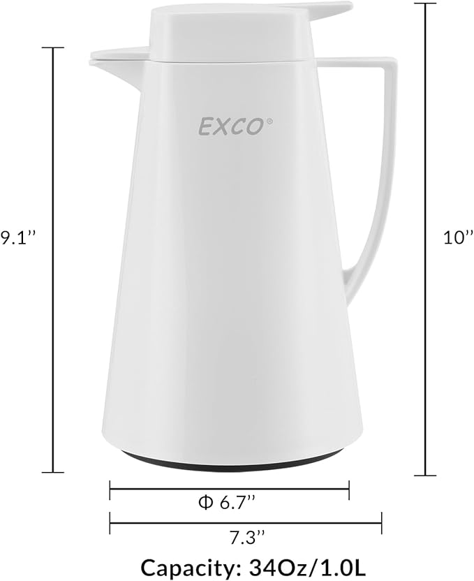 EXCO 1.0L / 34Oz Premium Thermal Coffee Carafe, Glass Lined Insulated for Keeping Hot Liquids, Vacuum Coffee Tea Pot, Large Beverage Drink Container Dispensers, 12 Hour Heat 24 Hour Cold (White)