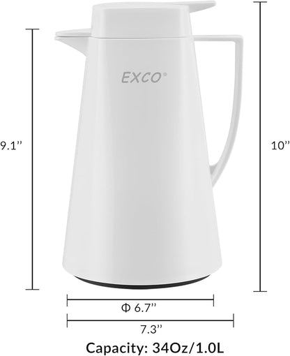 EXCO 1.0L / 34Oz Premium Thermal Coffee Carafe, Glass Lined Insulated for Keeping Hot Liquids, Vacuum Coffee Tea Pot, Large Beverage Drink Container Dispensers, 12 Hour Heat 24 Hour Cold (White)