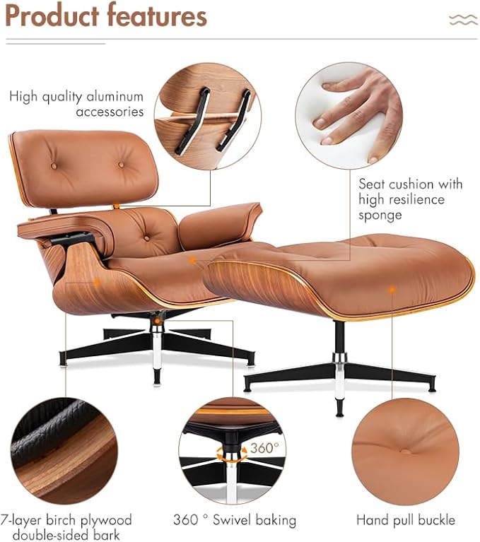 Mid Century Chaise Lounge Chair with Ottoman, Top Black Grain Leather, Modern Office Chair Classic Design, Heavy Duty Base Support for Living Room Study Lounge Office