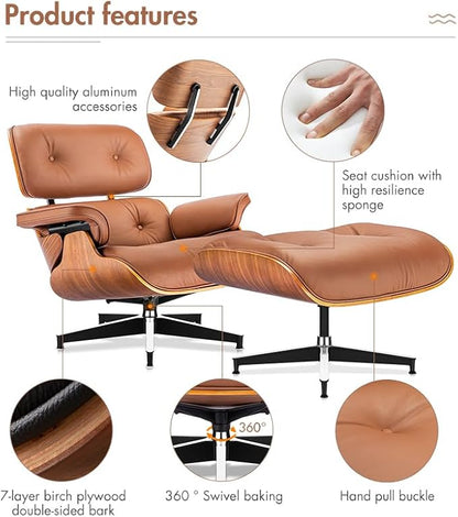 Mid Century Chaise Lounge Chair with Ottoman, Top Black Grain Leather, Modern Office Chair Classic Design, Heavy Duty Base Support for Living Room Study Lounge Office
