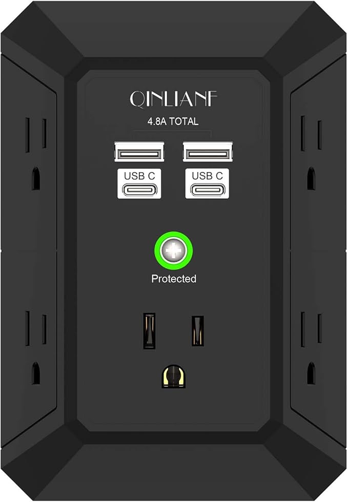 USB Wall Charger, Surge Protector, QINLIANF 5 Outlet Extender with 4 USB Charging Ports(2U2C) 3-Sided 1680J Power Strip Multi Plug Outlets Wall Adapter Spaced for Home Travel Office,Black
