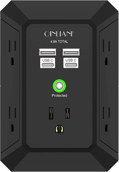 USB Wall Charger, Surge Protector, QINLIANF 5 Outlet Extender with 4 USB Charging Ports(2U2C) 3-Sided 1680J Power Strip Multi Plug Outlets Wall Adapter Spaced for Home Travel Office,Black