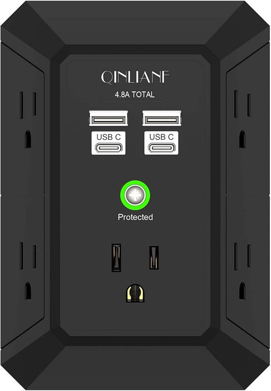 USB Wall Charger, Surge Protector, QINLIANF 5 Outlet Extender with 4 USB Charging Ports(2U2C) 3-Sided 1680J Power Strip Multi Plug Outlets Wall Adapter Spaced for Home Travel Office,Black