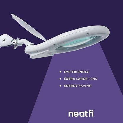 Neatfi Elite XL HD Super LED Magnifying Lamp with Clamp – 7” Glass Lens, 6500K Daylight, Glare-Free, Adjustable Arm, Lamp for Reading, Sewing, Crafting (7 Inch Lens, White)