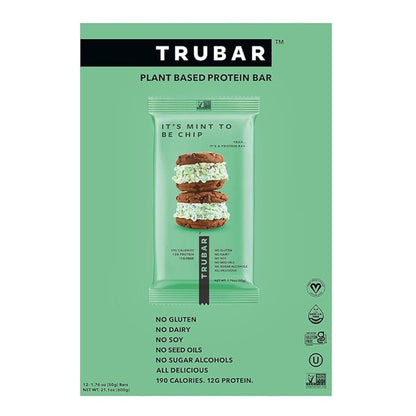 TRUBAR Vegan Protein Bars - Soy Free, Dairy Free, Gluten Free Protein Bars - No Sugar Alcohols - Non-GMO - 12g of Protein - It's Mint To Be Chip - 12 Count