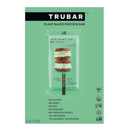 TRUBAR Vegan Protein Bars - Soy Free, Dairy Free, Gluten Free Protein Bars - No Sugar Alcohols - Non-GMO - 12g of Protein - It's Mint To Be Chip - 12 Count