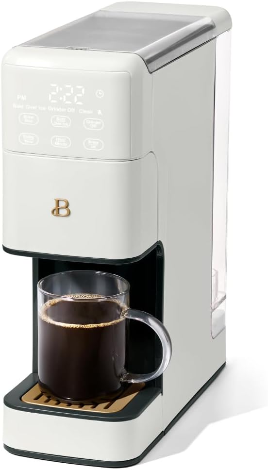 Beautiful Single Serve Coffee Maker with Built-In Burr Grinder, Hot or Iced, Pod-Free, 6 Brew Sizes, 3 Strengths, Touch Display, Reusable Filter, 64oz Reservoir, Slim Design (White Icing)