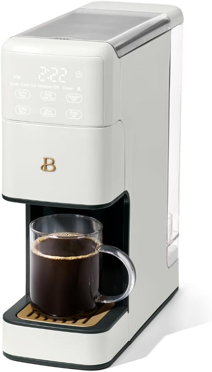 Beautiful Single Serve Coffee Maker with Built-In Burr Grinder, Hot or Iced, Pod-Free, 6 Brew Sizes, 3 Strengths, Touch Display, Reusable Filter, 64oz Reservoir, Slim Design (White Icing)