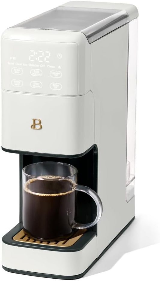 Beautiful Single Serve Coffee Maker with Built-In Burr Grinder, Hot or Iced, Pod-Free, 6 Brew Sizes, 3 Strengths, Touch Display, Reusable Filter, 64oz Reservoir, Slim Design (White Icing)