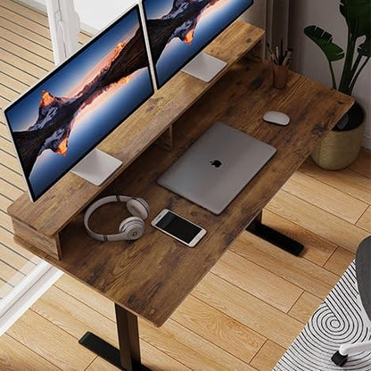 2-Tier Height Adjustable 45" Electric Standing Desk - Upgraded Ultra Durable Home Office Large Rectangular Computer Table or Laptop Sit Stand Workstation - Rustic Brown