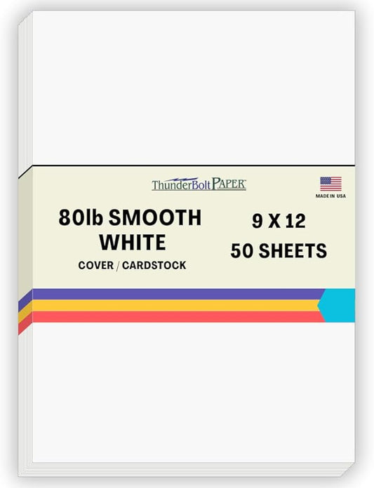 50 Bright White Smooth 80# Card Paper Sheets - 9" X 12" (9X12 Inches) Frame and Sketch Pad Size - 80 lb/Pound Cover Weight - Quality Paper - Consistency in Print - Smooth Finish