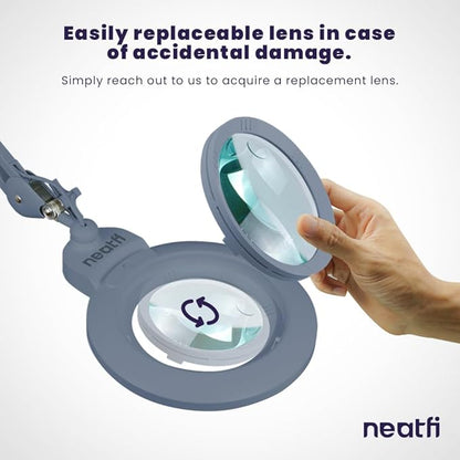Neatfi XL Bifocal LED Magnifying Lamp – 7-Inch Acrylic Lens, 2.25x & 6X Magnification, 1,600 Lumens, Dimmable LED, Adjustable Arm, Hands-Free Close Work (Gray, with Clamp)
