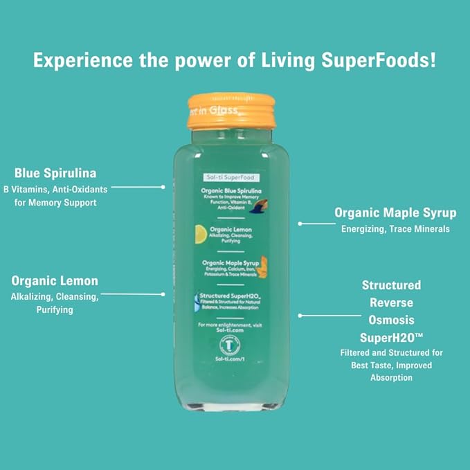 Organic SuperAde Hydration Drink, Boosts Memory, SuperFood Lemonade by Sol-ti, Cold-Pressed Blue Spirulina and Lemon Juice Blend, 16 Pack (14.9 Fl oz)