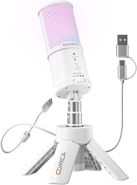 COMICA Ejoy UNI S USB Gaming Microphone for PC, RGB Cardioid Condenser Mic with Tripod Stand, 48kHz/24bit, Noise Cancellation, Streaming Mic for Recording, Podcast, Twitch, Discord, Computer, PS5, PS4