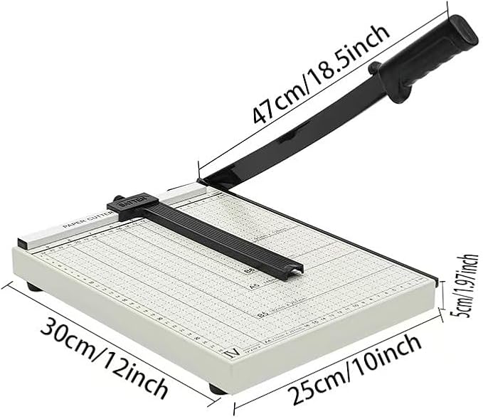 12-Inch Heavy Duty Guillotine Paper Cutter, 12 Sheet Capacity, Self-Sharpening Blade & Safety Lock, Paper Trimmer for Cardstock, Photos, Craft Paper for Office, School, Home Use (White)