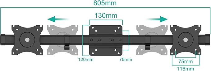 WALI Dual Monitor Wall Mount, Single to Double Bracket Adapter, Horizontal Assembly Arm for 2 Screen up to 27 inch (012ARM), Black