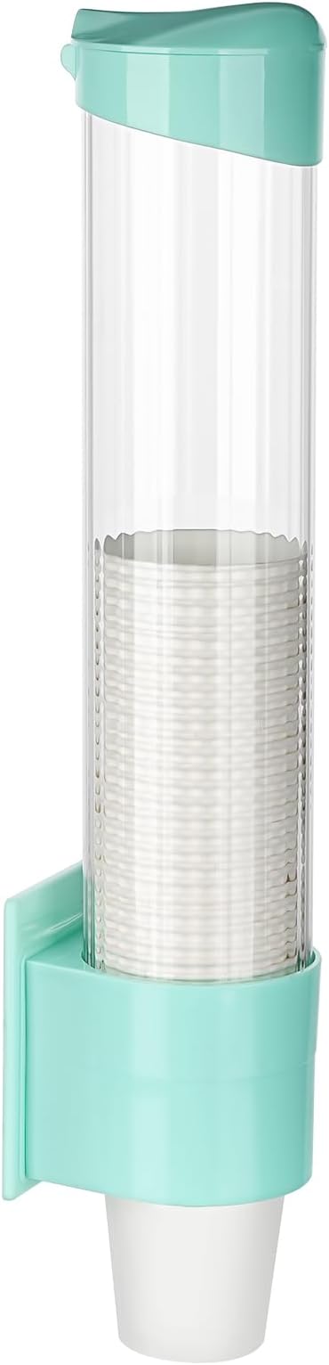 Medium Pull Type Cup Dispenser, Paste or Screw Plate Mountable Cups Holder, Fits 5oz - 7oz Cone or Flat Bottom Cups, 16” Tube Length, Mounting Water Dispenser Cooler or Wall (Medium, Green)