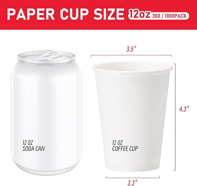 12 oz 300 Pack Paper Coffee Cups, Hot Paper Cups, Thickened Leak-Free White Disposable Coffee Cups for Hot and Cold Drinks