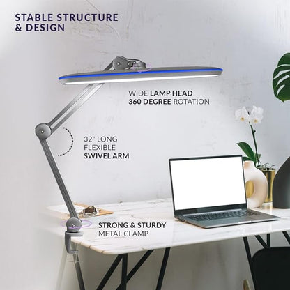 Neatfi XL LED Desk Lamp with Clamp – 2,200 Lumens, 23” Wide, Dimmable Task Light for Office, Study, Crafting & Nail Techs (Non-CCT with Clamp, Silver)