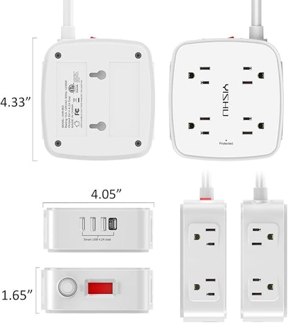 15 Ft Surge Protector Power Strip - 8 Widely Outlets with 4 USB Ports, 3 Side Outlet Extender with 15 Feet Extension Cord, Flat Plug, Wall Mount, Desk USB Charging Station, ETL, White