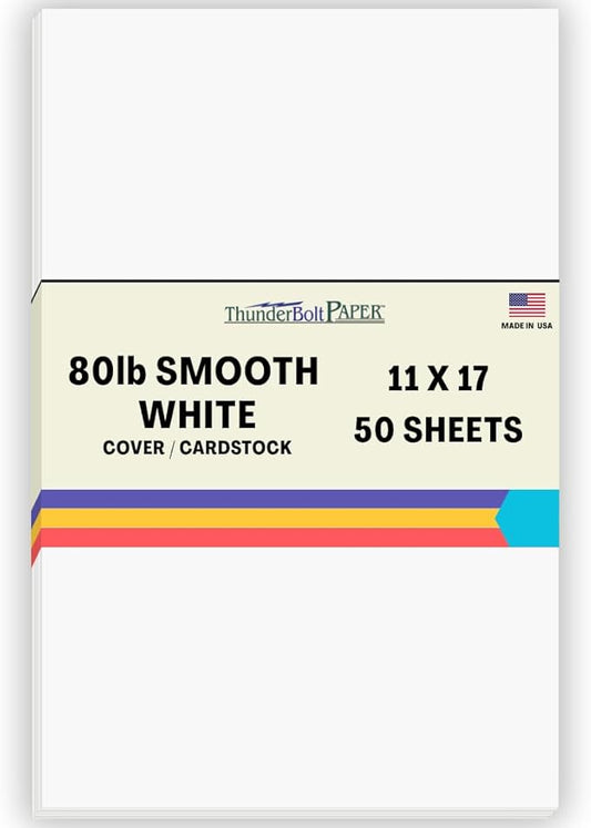 50 Bright White Smooth Card Paper Sheets - 11" X 17" (11X17 Inches) Tabloid|Ledger|Booklet Size - 80# (80 lb/Pound) Cover Weight - Quality Paper - Smooth Finish