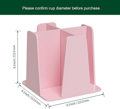 Coffee Cup Organizer for Countertop - Rotating Plastic Cup Holder 4 Compartments Pink Acrylic Cup and Lid Holder for Coffee Bar Restaurant Breakroom Disposable Paper Coffee Cup Dispenser