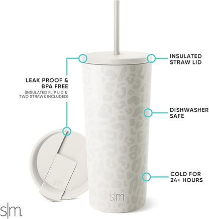 Simple Modern Insulated Tumbler with Lid and Straw | Iced Coffee Cup Reusable Stainless Steel Water Bottle Travel Mug | Gifts for Women Men Her Him | Classic Collection | 20oz | Cream Leopard