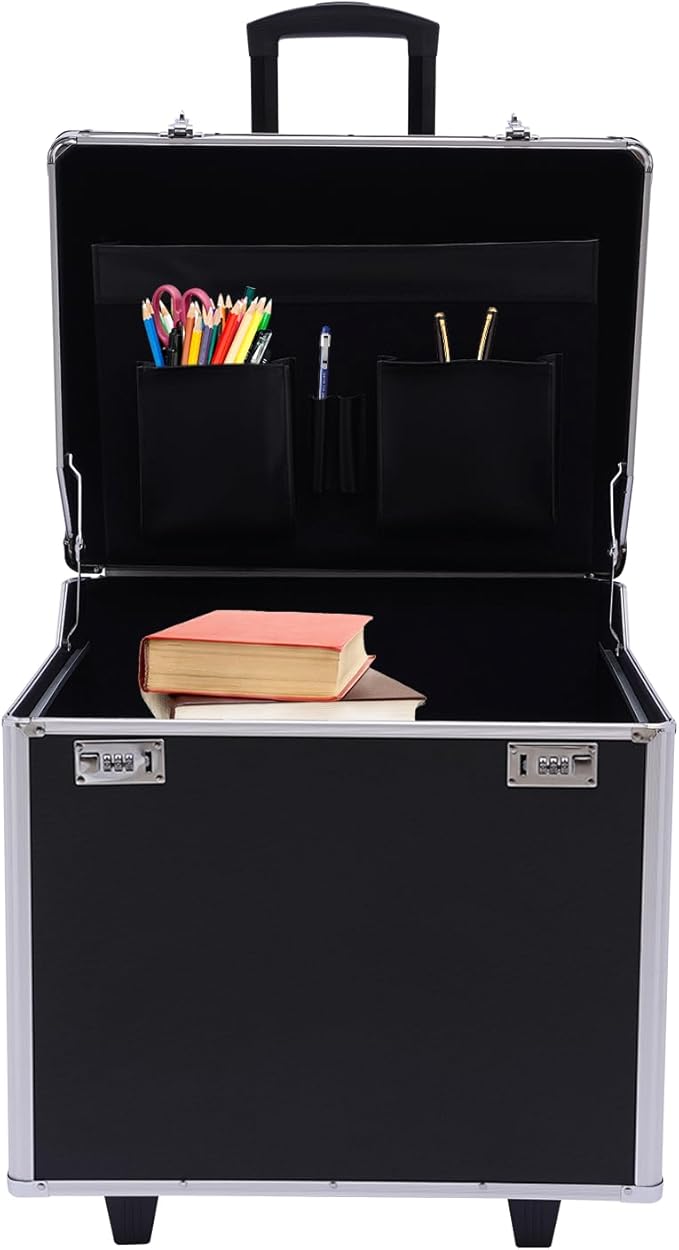 Locking File Organizer Box, Portable Mobile Business Case, Fireproof Document File Organizer, Trolley File Box with Handle and Lock, Letter/Legal File Storage, 19.2 x 15 x 16inch, Black