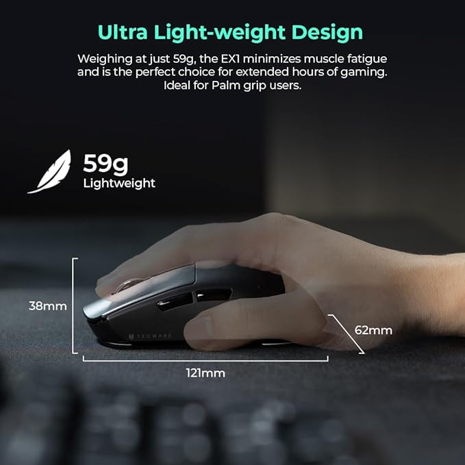TECWARE EX1 Lightweight Gaming Mouse, 26K DPI Wireless Mouse, OLED Screen Display, 59g Lightweight, RGB Charging Dock, Tri-Mode Connectivity, Comes with PTFE Feet and Grip Tape, Gaming Mouse (Black)