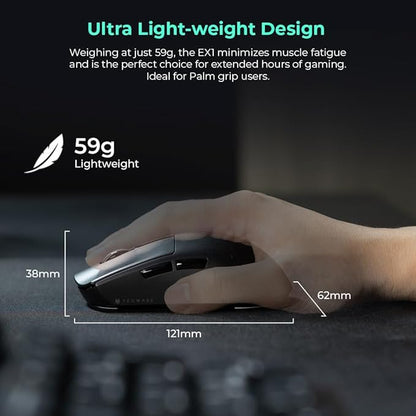 TECWARE EX1 Lightweight Gaming Mouse, 26K DPI Wireless Mouse, OLED Screen Display, 59g Lightweight, RGB Charging Dock, Tri-Mode Connectivity, Comes with PTFE Feet and Grip Tape, Gaming Mouse (Black)