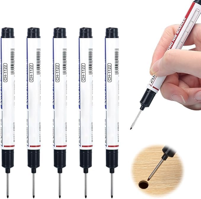 5PCS Long Head Deep Hole Markers - 20mm Deep Reach, Waterproof, Permanent, Metal Marking Pens (Black)