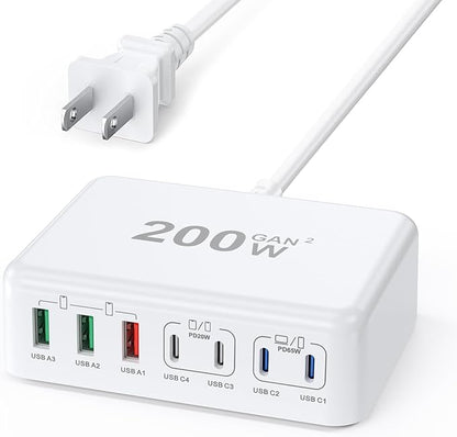 200W USB C Charger Block, 200W GaN 7 Port USB Charging Station PD 65W Laptop Power Adapter Wall Plug, USB C Block Charging Hub Compatible with MacBook Pro/Air/iPhone 16/15/14/13/iPad/Galaxy S24/S23