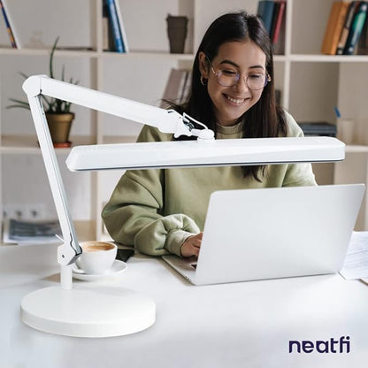 Neatfi Task Lamp – 2,500 Lumens, 30W, 22-Inch Wide Shade, 4 Brightness Levels, Eye-Caring Light, LED Task Light for Manicure Table, Crafts, Workbench, Office (Non-CCT with Base, White)