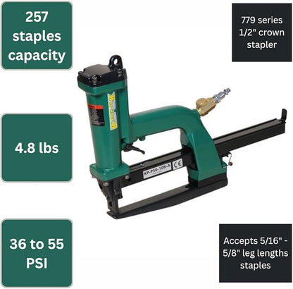 KP-P50-779 Pneumatic 1/2-Inch Crown Plier Stapler for 779 Series Staples Accepts 5/16" - 5/8" Length Staples, Ideal for Trays, Lids, End Caps, Header, Bags, Container Inserts and Bedding