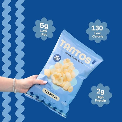 Tantos! Puffed Pasta Chips, Healthy Pasta Snack by Top Chef Joe Sasto, As Seen on Shark Tank, Plant Based, Low Calorie, Crunchy Chips, Variety Pack, Marinara, Pesto, Cacio e Pepe, Classico, Gourmet Bold Flavors, 1 oz 6 Pack of Classico