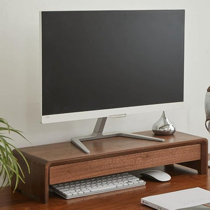 Solid Wood Monitor Stand for Saving Space, Monitor Riser with Storage, 2 Tier Computer Stand with Drawer, Multifunctional Desk Organizer for Home, Office(70cm-27.6in)