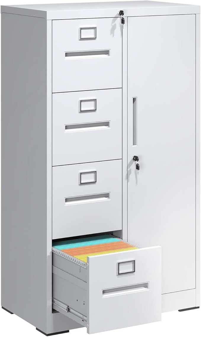 4 Drawer File Cabinet with Lock and 1 Door, Metal Vertical Filing Cabinets for Home Office, Steel Storage Cabinet for Hanging Legal/Letter Size Files, Assembly Required(White)