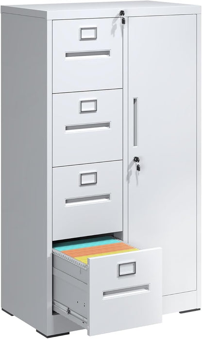 4 Drawer File Cabinet with Lock and 1 Door, Metal Vertical Filing Cabinets for Home Office, Steel Storage Cabinet for Hanging Legal/Letter Size Files, Assembly Required(White)