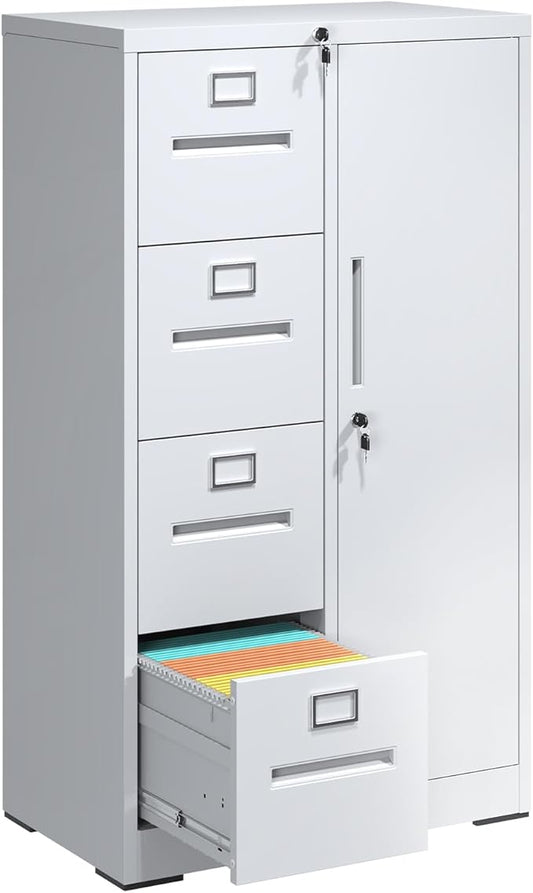 4 Drawer File Cabinet with Lock and 1 Door, Metal Vertical Filing Cabinets for Home Office, Steel Storage Cabinet for Hanging Legal/Letter Size Files, Assembly Required(White)
