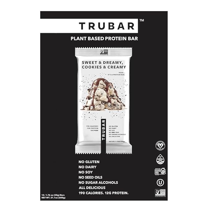 TRUBAR Vegan Protein Bar, Sweet & Dreamy Cookies and Creamy, Gluten Free, Plant Based Protein, Dairy Free, Non GMO, Soy Free, No Sugar Alcohols, 12G Protein, 12G Fiber, 23G Carb, On the Go Snack Bars, 12ct