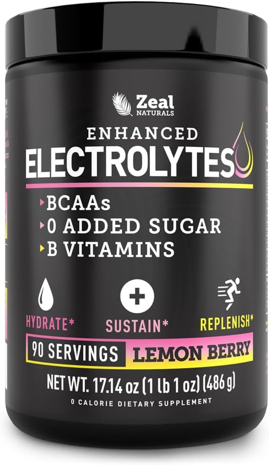 Zeal Electrolyte Powder - 90 Servings | Keto Electrolytes Powder | Zero Sugar, BCAAs, B-Vitamins | Potassium, Zinc, Magnesium | Hydration Powder Recovery Drink | Lemon Berry