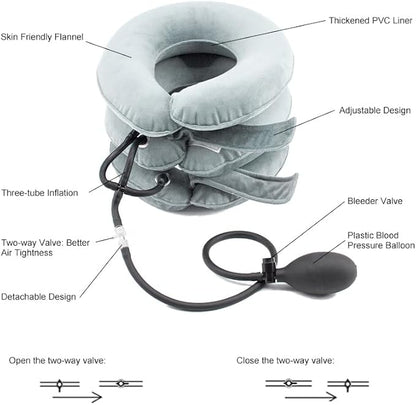 Cervical Traction Device, Adjustable Three Tube Inflatable Neck Stretcher, Neck Braces for Neck Support and Pain Relief, Neck Traction Device for Home/Office Use (grey)