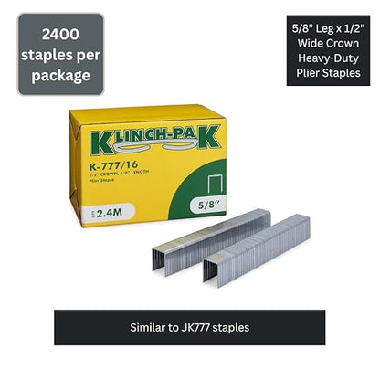 K-777/16, 5/8" Leg x 1/2" Wide Crown Heavy-Duty Galvanized Plier Staples, 2400 Per Package, Similar to JK777 Staples, for stapling Trays, Lids, Bags, Header Cards, Fastening End Caps