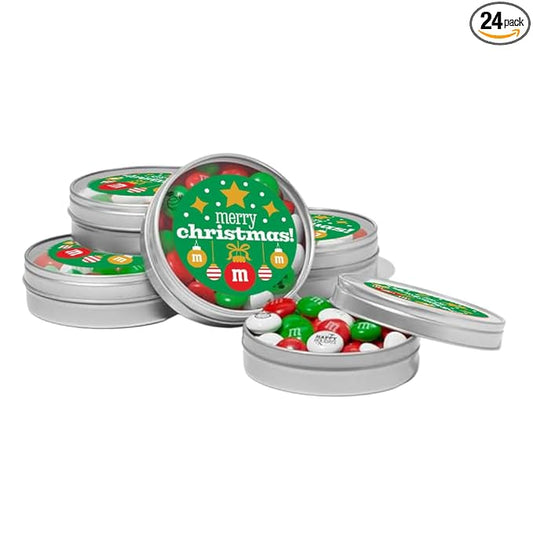 M&M’S Holiday Favor Tins, Set of 24, Unique Holiday Favors filled with Pre-Designed M&M’S Holiday Candies for Holiday Parties and Stocking Stuffers